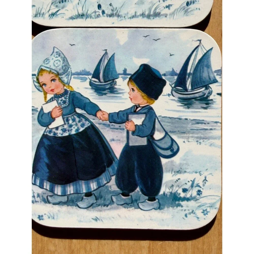 Set A Four Vintage Dutch Folk Art Coasters With Children Scenes